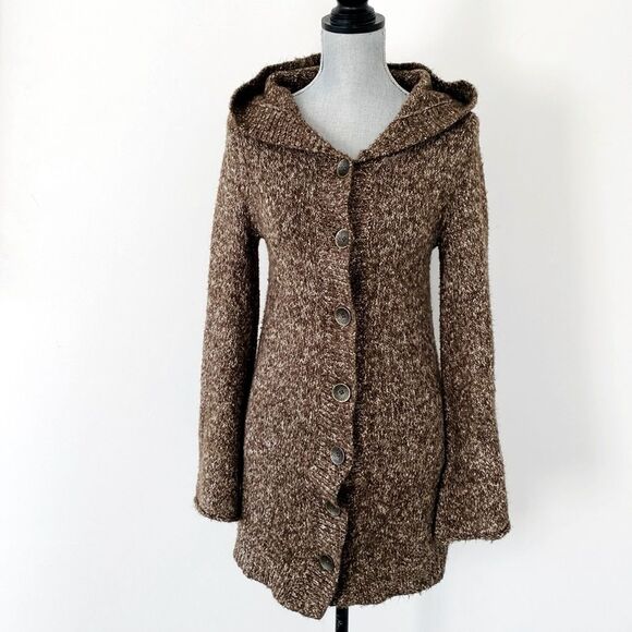 Prana Brown Cotton Knit Hooded Cardigan Sz S Boho Coastal Laganlook Yoga Girl - Picture 2 of 12